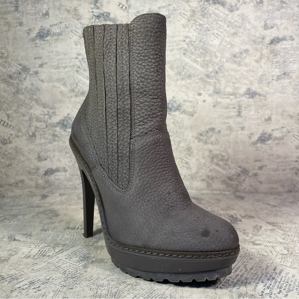 BCBGMaxAzria Virginia Taupe Leather Platform Stiletto Pull On Tall Boots Nubuck